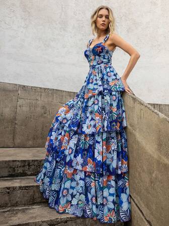 Faeriesty 印花优雅心形领口无袖分层 A 字形花卉印花女士晚礼服：适合盛大婚宴、高档慈善晚会、正式生日宴会、晚宴、高端艺术展览开幕式