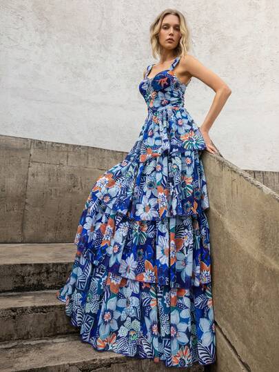 Faeriesty Printing Elegant Heart-Shaped Neckline Sleeveless Tiered A-Line Floral Print Evening Gown For Women: Ideal For Grand Wedding Receptions, Upscale Charity Galas, Formal Birthday Banquets, Gala Dinners, High-End Art Exhibitions Openings