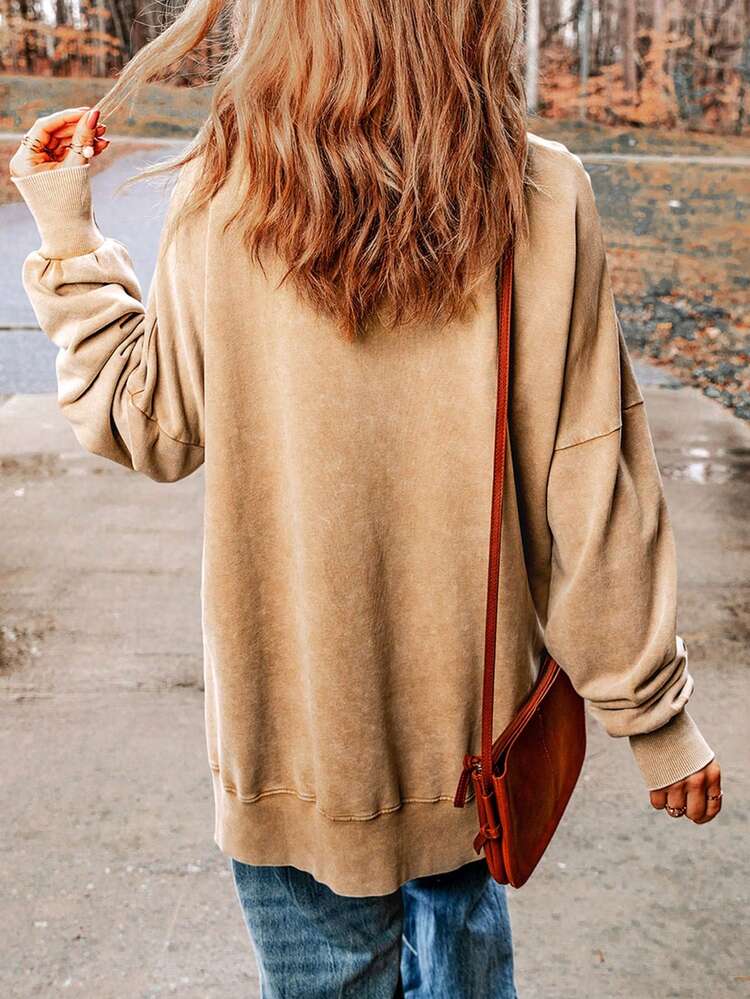 CILKOO Women's Casual Everyday Commute Minimalist Solid Color Drop Shoulder Loose Pullover Sweatshirt - Khaki - View 4