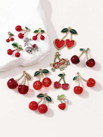 5 قطع/10 قطع مجموعة عشوائية من قلادات معدنية بتصميم الكرز المزخرف بالراين ستون للاكسسوارات مثل سلاسل المفاتيح والأقراط والأساور والقلائد