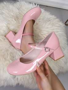 New Shiny Patent Leather Thick Heel Round Toe Pink High Heels For Women. Fashionable Instep Strap Buckle Mary Jane Shoes, Comfortable For Indoor Outdoor Party Evening Banquet High Heel Pumps, Pink High Heels - Dusty Pink - View 15