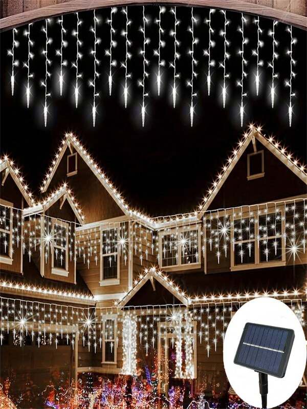 1pc Solar-Powered LED Outdoor Icicle String Lights, Hanging Fairy Lights Ideal For Rooftop Gardens, Weddings, Parties, Home Holiday Decor, Festive Lighting Displays, Christmas Decorations, Halloween Decorations, And Seasonal Outdoor Displays (300mAh)