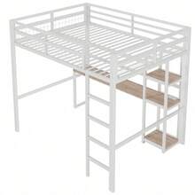 Hochbett 140x200 cm in Schwarz | Eisenrahmen mit Einlegeböden & Schreibtisch | Steckdose+USB-C & Sicherheitsgeländer | Mit Trittleiter ohne Matratze