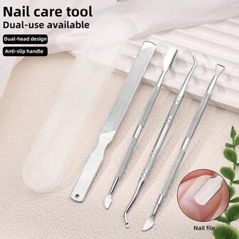 Juego de herramientas de manicura con empujador de cutículas y lima de uñas de acero inoxidable de doble cara