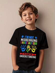 Boys' Autism Awareness T-Shirt - "I'm Not Misbehaving, I Have Autism" Graphic Tee With Colorful Handprints & Hearts, Soft Breathable Fabric, Casual Round Neck Summer Top For Casual Attire, Autism Shirt, Playful Design, Comfortable Fit - 彩色 - 查看 1