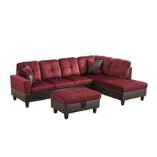 Crimson Flannel & PVC 3-Piece Sofa Set With Storage Ottoman | [2 Options]2 Purchase Options: Complete Set With 2 Pillows Or Ottoman Only, Contemporary Sectional Couch With Solid Wood Frame, Easy Assembly - 紅色 - 查看 4