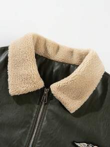 Long Sleeve Regular Fit Bomber Jacket For Women Casual PU Leather Outerwear With Sherpa Collar - 軍綠色 - 查看 5