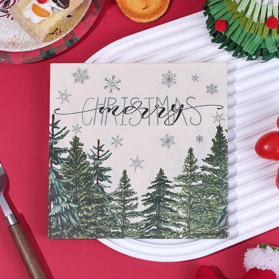 20pcs/40pcs/60pcs,Beige Pine Tree Snowflake Merry Christmas Napkins,13*13inch Christmas Pine Tree Snow Hand Towel For Party Lunch Dinner Kitchen Bathroom,Tree Flower Snowflake Disposable Paper Napkins For Birthday Holiday Party Supplies