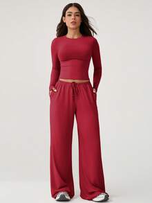 NcmRyu 1 Set de Top de manga larga y pantalones de unicolor con cordón, pierna recta y ajuste relajado para mujer, conjunto de entrenamiento primaveral - Rojo - Ver 8