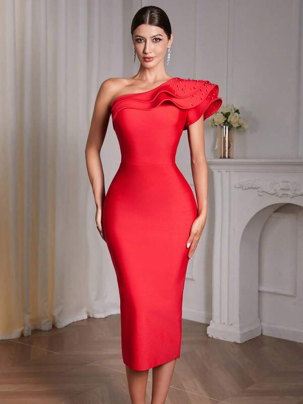Sexy One Shoulder Backless Bodycon Dress For Women, Featuring Multi-Layered Ruffles Beading Bandage Dress,Prom Dress,Luxury Celebrity Runway Dress,Elegant Asymmetrical Neck Back Slit Party Dress,Red New Year Dress