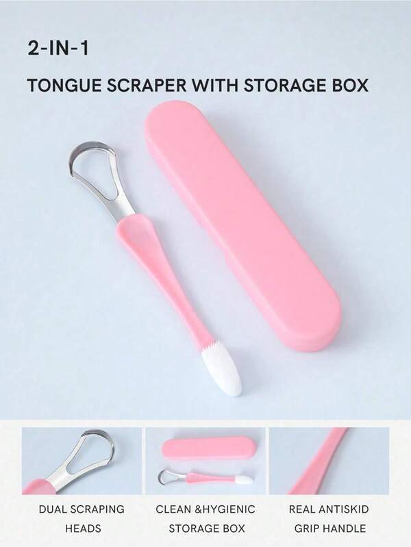 1 pieza Raspador de lengua y limpiador de cepillo 2 en 1 para adultos de acero inoxidable. Cepillo de lengua metálico con raspador de lengua extraíble y mango antideslizante para reducir el mal aliento. Incluye estuche de viaje para hombres y mujeres. Limpiador bucal esencial para el tratamiento del mal aliento. Mejor limpiador desechable sin plástico.