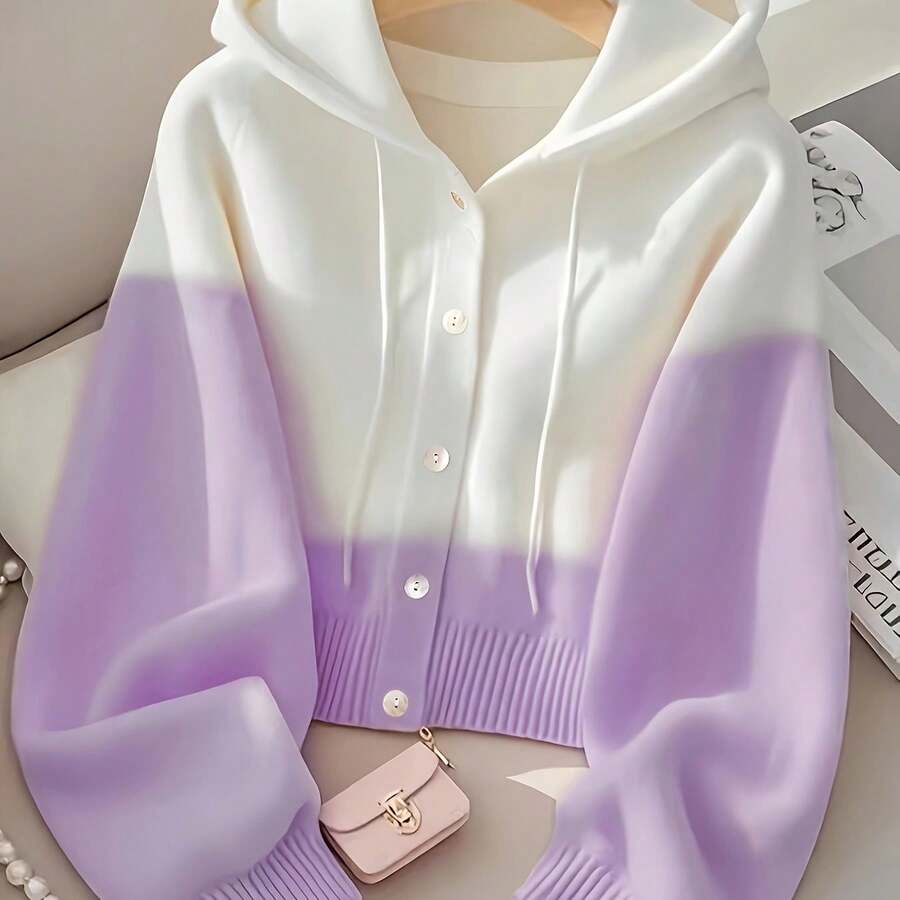 Women's Gradient Color-Block Hooded Sweater Cardigan - Cropped Button-Front Jacket With Chest Pocket, Medium Stretch For Fall/Winter Layering, Soft White To Tones (Office To Casual Outfits) - Easy-Care Sweater Gym Clothes Women Leggings Winter Clothes For Women Glowmode - 紫色 - 查看 1