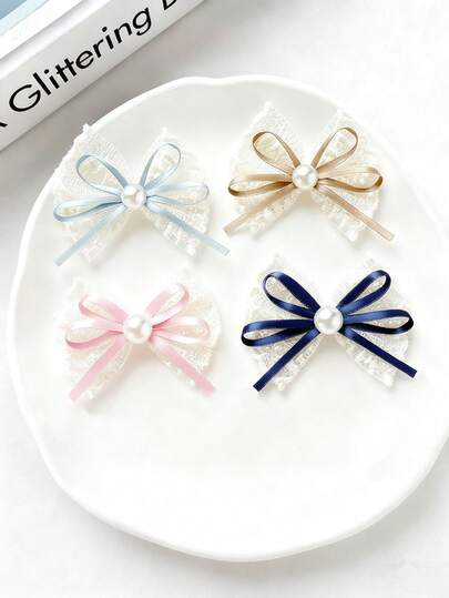 4pcs/Set New Women Solid Color Lace Bow Pearl Hair Clips, Cute & Versatile Side Bangs Decor Hair Accessories, Suitable For Daily Wear And Holiday Parties