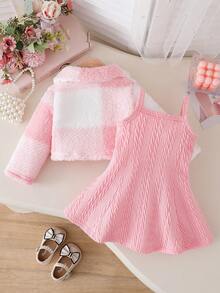 Baby Girls' Adorable Fur Collar Long Sleeve Bow Decor Cardigan & Solid Color A-Line Dress 2-Piece Set, Princess Style, Versatile, Suitable For Valentine's Day, Birthday, Autumn/Winter Casual Wear - Multicolor - View 3