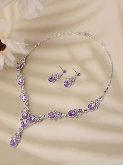 1 件闪亮锌合金新娘项链和耳环套装，优雅宫廷风格，适合 18 岁生日、正式活动，全年适用