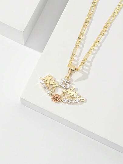 1pc European & American New Hypoallergenic Copper Inlaid Zirconia Fashion Faith 15 Number Pendant Necklace, Suitable For Christmas/Thanksgiving/Halloween/Mother's Day/Valentine's Day Couples/Friends/Godparents Gift, Catholic First Communion, Daily & Festival Wear Prayer