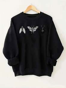 Simple Solid Hoodie Women Plus Size Y2K Gothic Insect Print Sweater - Oversized Fleece Lined Crew Neck Long Sleeve Pullover With Moth And Beetle Design, Soft Casual Winter Layering Sweater (Machine Washable) - Gray And Black All-Season Comfort, Fleece-Lined Warmth, Y2K Aesthetics, Plus Size Available, Fashionable Versatile Casual Clothing, Women's Plus Size Sweater - màu đen - Xem 7