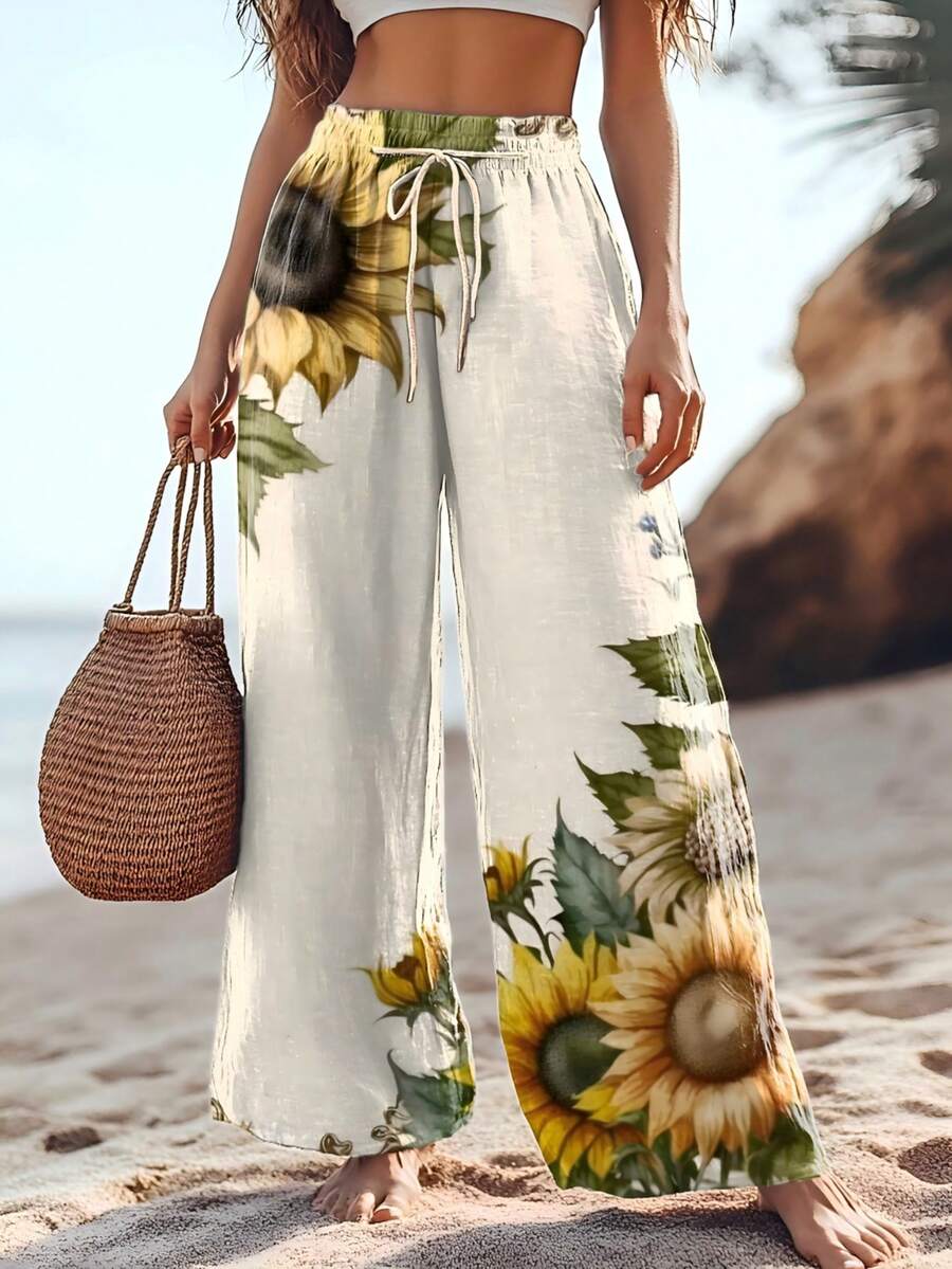 Plus Size Women's Straight Leg Casual Pants With Sunflower Print, Drawstring Elastic Waist Wide Leg Trousers, Breathable & Soft For Vacation, Casual, Spring/Summer With Floral, Leaf Pattern, Knot Drawstring - Light Yellow - View 1