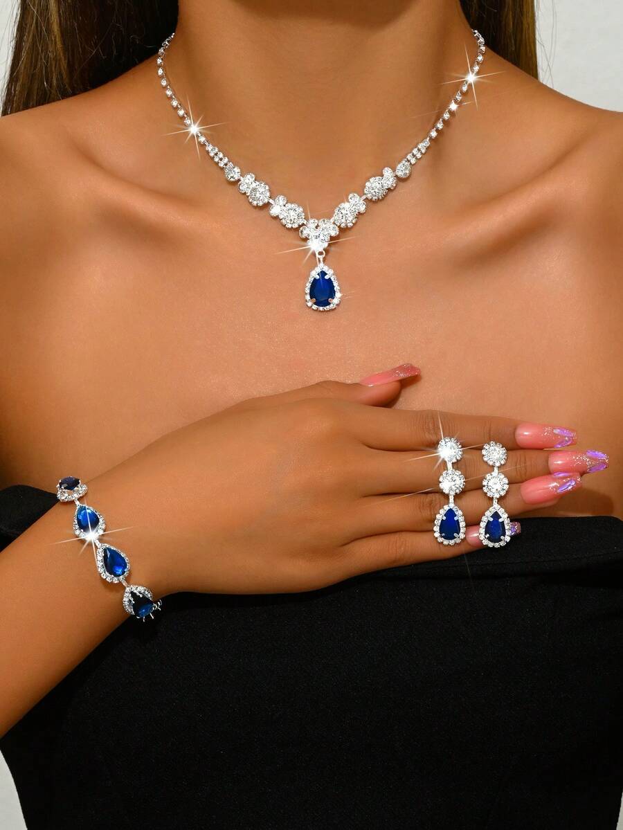 4件套女士首饰套装，包括水钻水滴耳环、项链和手链，适合日常佩戴、婚礼、派对、情人节/感恩节礼物。 - 寶藍色 - 查看 1