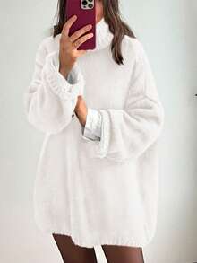 Women's Fall Knit Sweater Casual Long Sleeve Turtleneck Loose Chunky Pullover Tops - 白色 - 查看 4