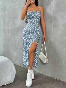 Vestido con estampado de punto, tirantes de espagueti y bajo dividido para mujeres, para vacaciones - Azul - Ver 2