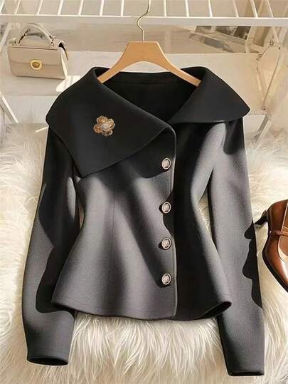 Women's Fashionable, Versatile, Elegant Date Night Waist Cinching Slimming Metal 3D Floral Front Button Woven Fabric Blouse, Suitable For Evening, Holidays, Travel, Autumn/Winter