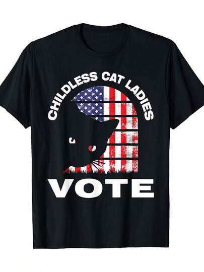 Playeras casuales de hombre, camiseta gráfica de 100% algodón para mujeres con motivo de gato y diseño "Childless Cat Ladies Vote", negra, estilo casual, adecuada para eventos y reuniones, camisetas gráficas para mujeres, camisetas divertidas, atuendos de verano para mujeres, ropa de calle, camiseta de manga corta, camisetas gráficas para mujeres. camisas de hombre