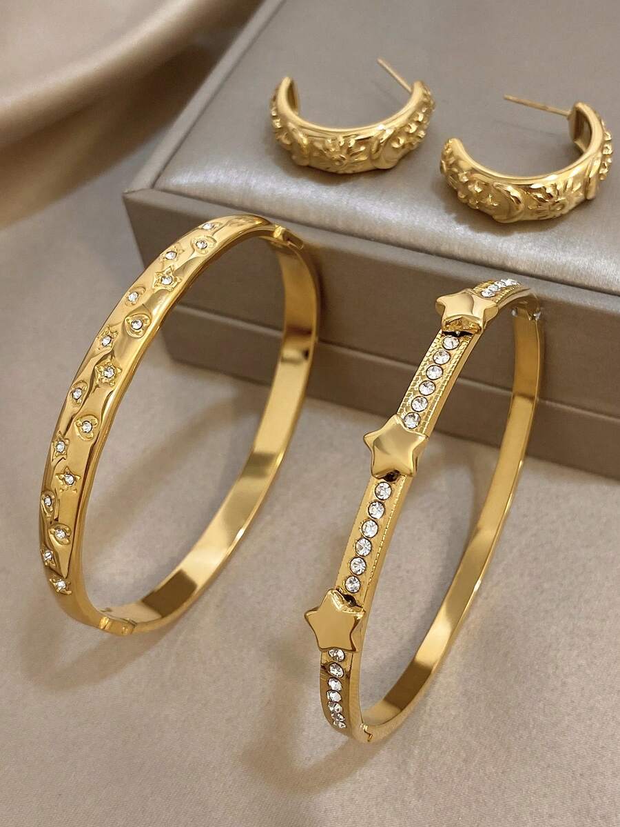 Elegant Star And Moon Sun Earrings Bracelet For Women Luxury Zirconia Golden Bangle Bracelet Stainless Steel Bracelet For Halloween Christmas Party Jewelry Sets Gifts