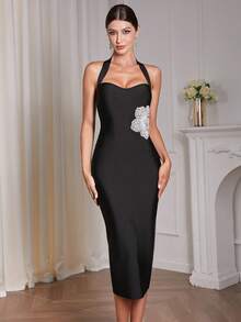 Women's Halter Backless Sleeveless 3D Floral Beaded Embroidery Patchwork Bandage Dress, Elegant Back Slit Bodycon Dresses For Ladies, Cocktail Dress,Luxury Celebrity Runway Dress,Party Dress,Evening Dress,New Year Dress For Women