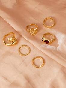 6 件套复古不对称几何戒指套装，仿棕色宝石可叠戴戒指，适合女士、日常和派对珠宝配饰 - 金黃色 - 查看 5