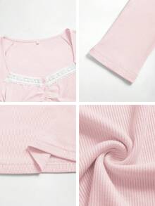 Y2K Style Pink Long Sleeve T-Shirt For Summer, With Button Design And Lace Trim Collar, Cute Fitted Square Neck Top, Collegiate Aesthetic - Pink - View 12