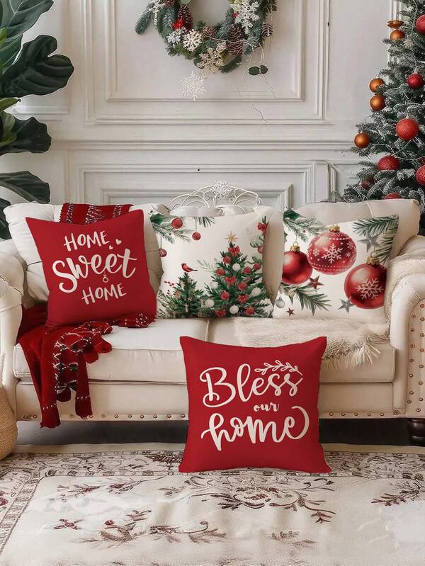 4 أغطية وسادة من البوليستر الفاخر بطبعات حرفية لعيد الميلاد، أغطية وسائد أريكة