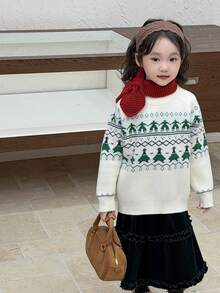 Weihnachts Mädchen Pullover, Neuer Herbst/Winter gestrickter Pullover für Mädchen, einfaches Weihnachtsbaum Stickerei Pullover, geeignet für den täglichen Gebrauch von Kindern, süßer Pullover - Beige - Übersicht 1