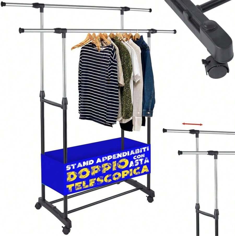 Appendiabiti in acciaio con ruote girevoli a 360°, supporto da pavimento regolabile, indipendente, ***zer per vestiti, ideale per negozi, casa, hotel (doppio telescopico)