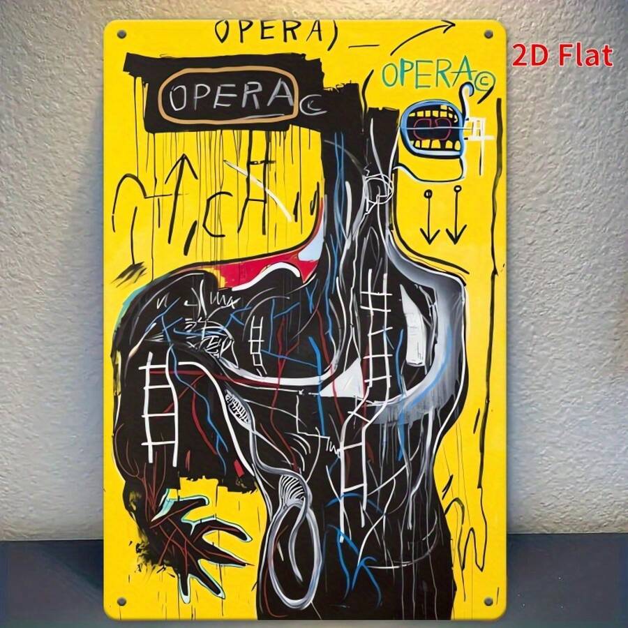 Jean-Michel Basquiat Inspired Vintage Abstract Modern Metal Wall Art - Black, Yellow & Red Graffiti Text Frameless A5 Iron Sheet Painting, Rust-Resistant Durable Indoor/Outdoor Decoration For Home, Office, Cafe - Easy Mounting Hardware Included - 20.32*30.48厘米 - 查看 1