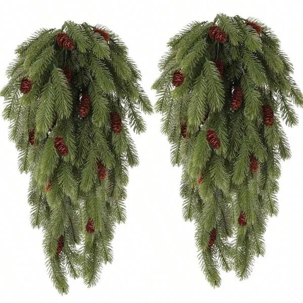 2 Stücke BOTIVIA künstliche Weihnachtsbaum Zweige - Tränenform Tannenkranz mit Tannenzapfen, realistische Immergrün Zweige, ohne Stromversorgung, Innen-/Außendekoration, geeignet für Kamin, Kaminsims, Tisch - Robuste Kunststoff Feiertags Dekoration, für den Heimgebrauch