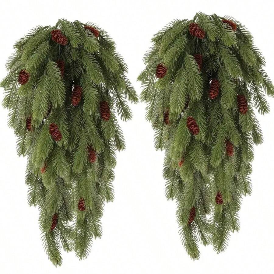 2pcs BOTIVIA Artificial Christmas Tree Branches - Teardrop Shaped Pine Wreath With Pinecones, Realistic Evergreen Branches, No Power Needed, Indoor/Outdoor Hanging Decor, Suitable For Fireplace, Mantel, Tabletop - Durable Plastic Holiday Decoration, Home Use