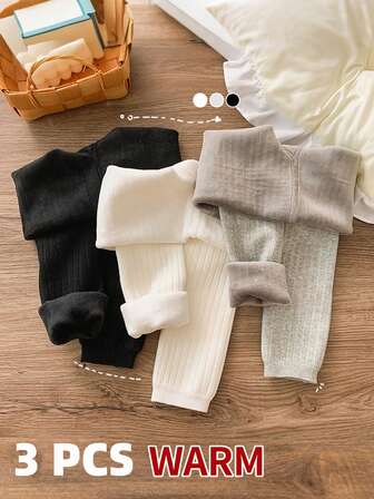 3 件装婴儿幼儿打底裤，儿童七分裤长紧身裤，女童紧身裤，冬季保暖舒适，简约百搭，适合户外穿着。