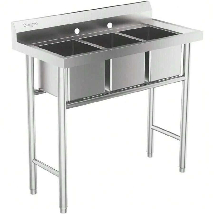 Commercial 304 Stainless Steel Sink 3 Compartment Free Standing Utility Sink - 銀色 - 查看 1