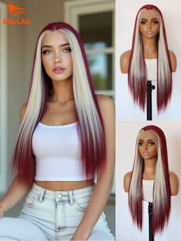 Brown Striped Blonde 13X4 Synthetic Lace Front Wig Pre-Plucked Hairline High Quality Synthetic Heat Resistant Fiber Naturally Smooth And Silky Suitable For Daily Parties And Weddings 24 Inches