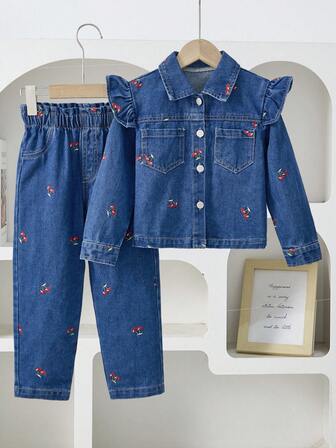 2pcs/Set Girls Casual Cute Cherry Pattern Button Pocket Denim Jacket And Cherry Washed Denim Tapered Pants, Autumn/Winter