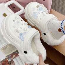 Fashionable & Versatile Indoor Home Casual Plush Clogs, Pearl Butterfly Thick Bottom Anti-Slip Warm Plush Clogs For Autumn/Winter - White - View 3