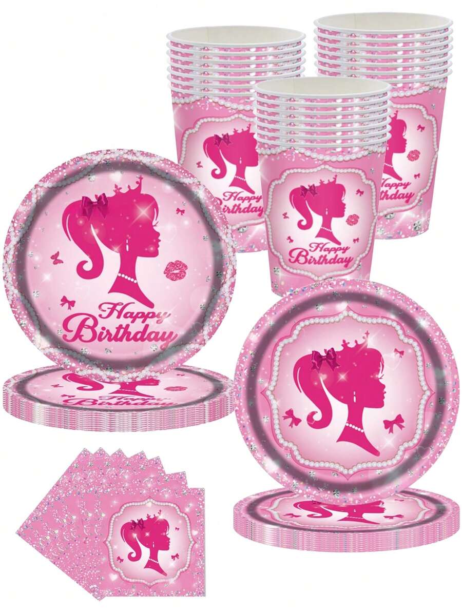 10件套粉色派对用品，公主主题派对装饰，包括餐盘、餐巾纸、桌布，适合公主娃娃主题生日派对、单身派对、新娘送礼会，可供10人使用。 - 彩色 - 查看 1