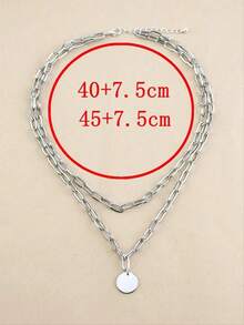 1pc Charm Round Pendant Double Layer Necklace, Paperclip Chain Necklace