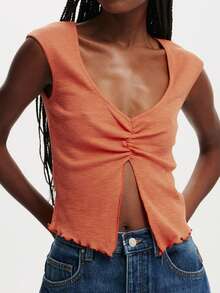 Women Tank Tops V Neck Sleeveless Ruched Slim Fit High Slit Hem Summer Cropped Vest Shirts - Merah jingga - View 5