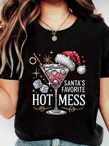 Santa's Favorite Hot Mess Christmas Cocktail Graphic Tee With Festive Humor Style, Fashionable And Versatile Women's Tops T-Shirt, 220g Pure Cotton Printed Short Sleeves - Black - View 1