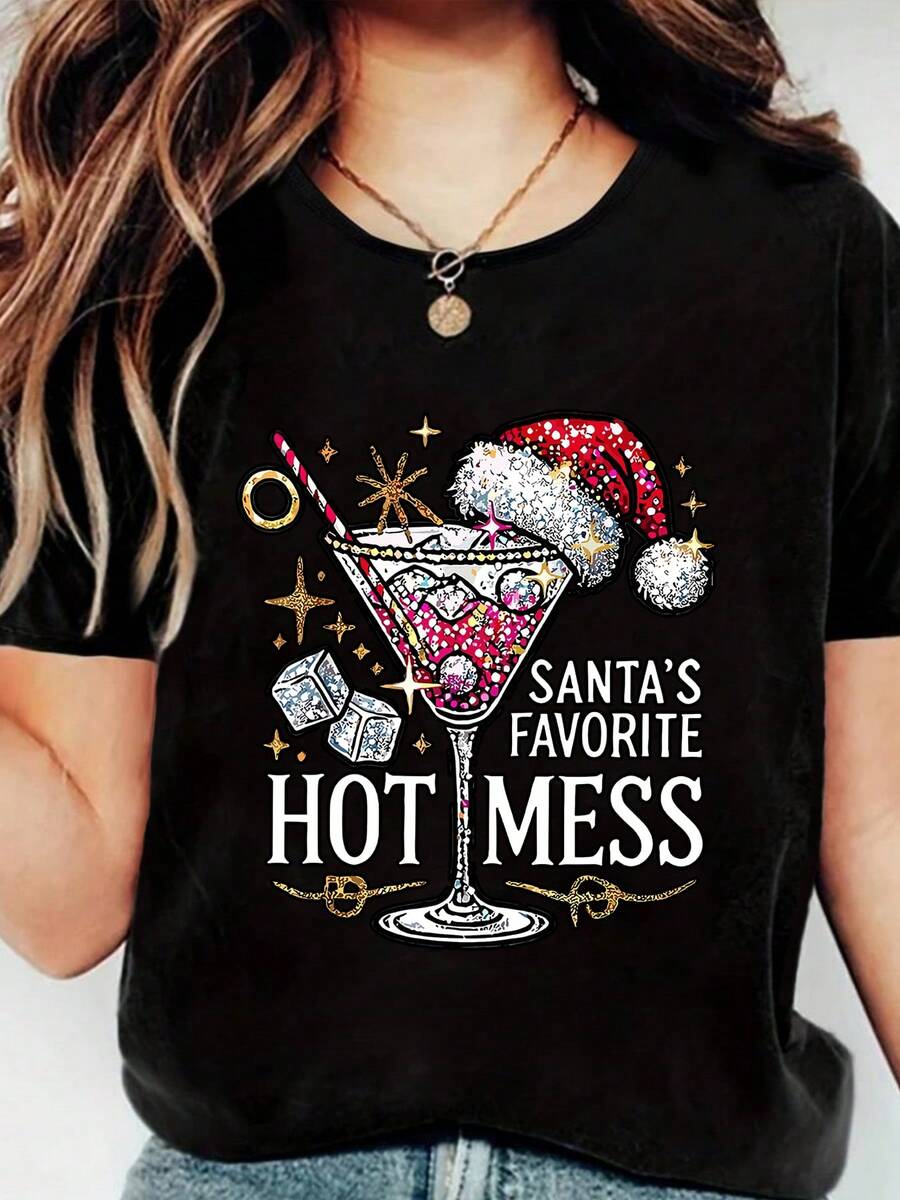 Santa's Favorite Hot Mess Christmas Cocktail Graphic Tee With Festive Humor Style, Fashionable And Versatile Women's Tops T-Shirt, 220g Pure Cotton Printed Short Sleeves - Black - View 1