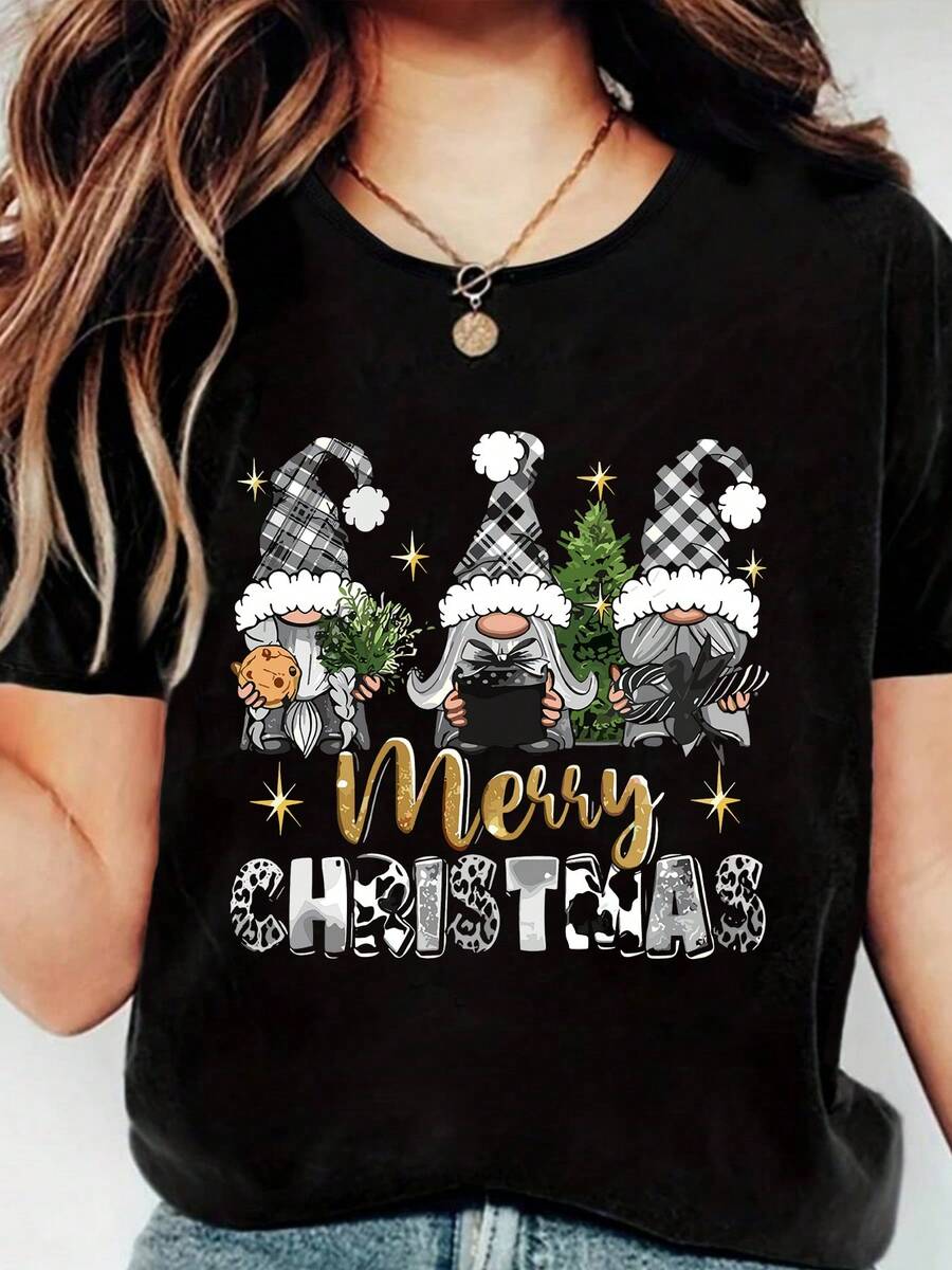 Merry Christmas Plaid Gnomes Graphic Tee With Festive Cute Style, Fashionable And Versatile Women's Tops T-Shirt, 220g Pure Cotton Printed Short Sleeves