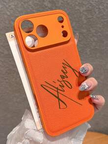 Customized Engraved Name/Letter Faux Leather Phone Case, Compatible With IPhone 17 Pro Max, 17 Pro, 17, 16, 15, 14, 13, 12, 11 Pro Max Plus, With Camera Protection Back Cover - Orange - View 3