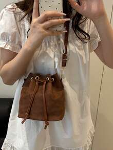 Women's Drawstring Bag Mini Crossbody Bucket Bag Quilted Casual Outdoor Bag - Brown - View 4